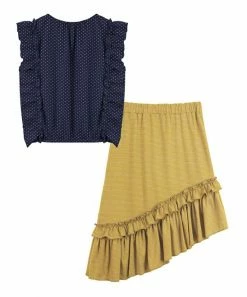 Hot Sale ⭐ Trend Blossoms Navy Polka Dot Ruffle Sleeveless Top & Mustard Stripe Ruffle 👗 Skirts - 👧 Girls 🤩 -Trend Blossoms-shop zu88256877 alt 1 tm1595885573