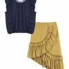 Hot Sale ⭐ Trend Blossoms Navy Polka Dot Ruffle Sleeveless Top & Mustard Stripe Ruffle 👗 Skirts - 👧 Girls 🤩 -Trend Blossoms-shop zu88256877 main tm1595885573