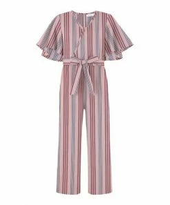 Best reviews of ✔️ Trend Blossoms Pink & Red Stripe Flutter-Sleeve V-Neck Jumpsuit - 👧 Girls 💯