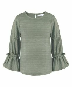 Hot Sale 🥰 Trend Blossoms Light Green Stripe Bow-Sleeve Top - 👧 Girls 😍