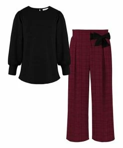 Budget 🔔 Trend Blossoms Black Bishop-Sleeve Top & Burgundy Gingham Bow Paper Bag Pants - 👧 Girls 👏