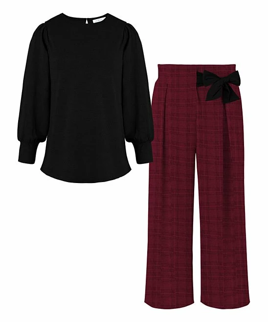 Budget ๐ Trend Blossoms Black Bishop-Sleeve Top & Burgundy Gingham Bow Paper Bag Pants - ๐ง Girls ๐ 3 Budget ๐ Trend Blossoms Black Bishop-Sleeve Top & Burgundy Gingham Bow Paper Bag Pants - ๐ง Girls ๐