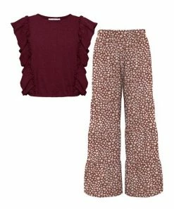 Cheap 🥰 Trend Blossoms Burgundy Ruffle Angel-Sleeve Top & Red Floral Tiered Pants - 👧 Girls ⌛