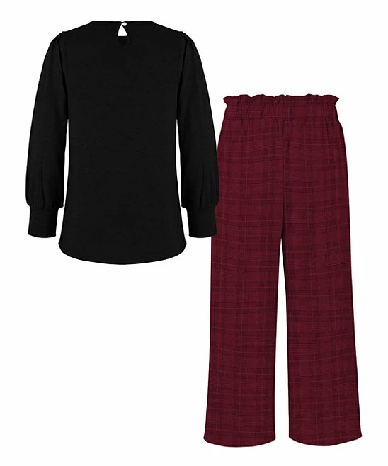 Cheap ๐คฉ Trend Blossoms Black Blouson Top & Burgundy Gingham Bow Trouser Pants - ๐ง Girls ๐ 4 Cheap ๐คฉ Trend Blossoms Black Blouson Top & Burgundy Gingham Bow Trouser Pants - ๐ง Girls ๐ - Image 2