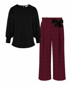 Cheap 🤩 Trend Blossoms Black Blouson Top & Burgundy Gingham Bow Trouser Pants - 👧 Girls 🛒