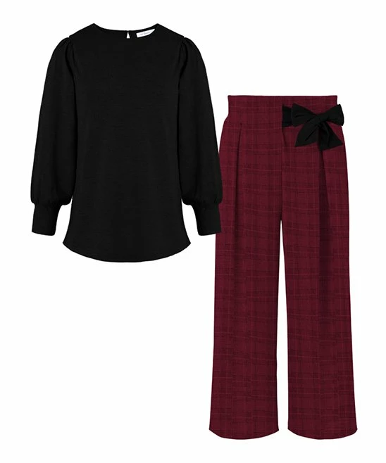 Cheap ๐คฉ Trend Blossoms Black Blouson Top & Burgundy Gingham Bow Trouser Pants - ๐ง Girls ๐ 3 Cheap ๐คฉ Trend Blossoms Black Blouson Top & Burgundy Gingham Bow Trouser Pants - ๐ง Girls ๐