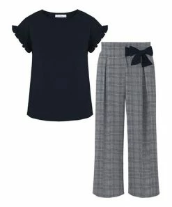 Hot Sale 🛒 Trend Blossoms Dark Navy Ruffle-Sleeve Top & Bow-Accent Pants - 👧 Girls 🌟