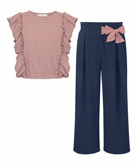 Promo 🥰 Trend Blossoms Pink & Navy Stripe Angel-Sleeve Top & Bow-Accent Wide-Leg Pants - 👧 Girls 👏 3 Promo 🥰 Trend Blossoms Pink & Navy Stripe Angel-Sleeve Top & Bow-Accent Wide-Leg Pants - 👧 Girls 👏