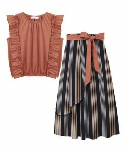 Budget ❤️ Trend Blossoms Coral Stripe Ruffle-Accent Top & A-Line 👗 Skirt - 👧 Girls 🤩