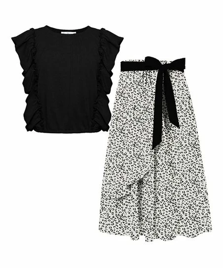 Buy ⌛ Trend Blossoms Black & Ivory Leopard-Print Angel-Sleeve Top & Tie-Waist 👗 Skirt - 👧 Girls ⌛ 3 Buy ⌛ Trend Blossoms Black & Ivory Leopard-Print Angel-Sleeve Top & Tie-Waist 👗 Skirt - 👧 Girls ⌛