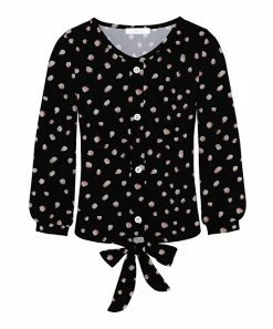 Cheapest ⌛ Trend Blossoms Black Petal Puff-Sleeve Knot-Front Button-Up Top - 👧 Girls ✨