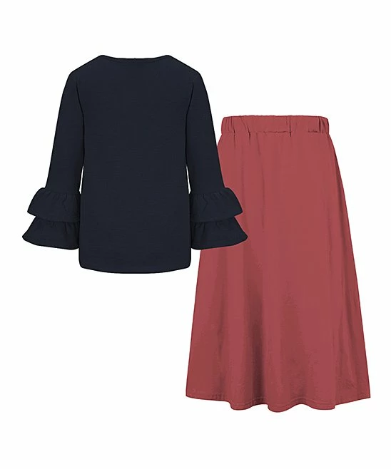 Flash Sale ๐ Trend Blossoms Navy Tiered-Sleeve Crewneck Top & Brick Tie-Waist A-Line ๐ Skirt - ๐ง Girls ๐ 4 Flash Sale ๐ Trend Blossoms Navy Tiered-Sleeve Crewneck Top & Brick Tie-Waist A-Line ๐ Skirt - ๐ง Girls ๐ - Image 2