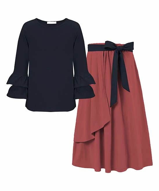 Flash Sale ๐ Trend Blossoms Navy Tiered-Sleeve Crewneck Top & Brick Tie-Waist A-Line ๐ Skirt - ๐ง Girls ๐ 3 Flash Sale ๐ Trend Blossoms Navy Tiered-Sleeve Crewneck Top & Brick Tie-Waist A-Line ๐ Skirt - ๐ง Girls ๐