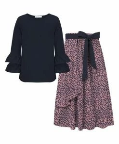 New 💯 Trend Blossoms Dark Navy Ruffle Long-Sleeve Top & Pink & Navy Floral 👗 Skirt - 👧 Girls 🛒