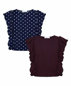Outlet 🛒 Trend Blossoms Burgundy & Navy Polka Dot Angel-Sleeve Top Set - 👧 Girls 🧨
