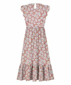 New 🌟 Trend Blossoms Coral & White Floral Ruffle-Hem Angel-Sleeve 👗 Dress - 👧 Girls 🔔 -Trend Blossoms-shop zu99100870 alt 2 tm1633032597