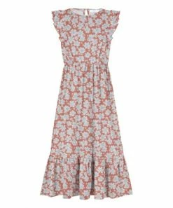 New 🌟 Trend Blossoms Coral & White Floral Ruffle-Hem Angel-Sleeve 👗 Dress - 👧 Girls 🔔