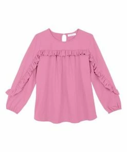 Best deal 🔥 Trend Blossoms Pink Ruffle-Trim Long-Sleeve Crewneck Top - 👧 Girls 🎉