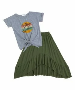 Outlet 🧨 Trend Blossoms Steel Blue 'Walkin' Sunshine' Knot-Front Top & Green Hi-Low 👗 Skirt - 👧 Girls ⭐