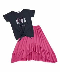 Deals ❤️ Trend Blossoms Dark Navy 'Love Yourself' Knot-Front Top & Hot Pink Hi-Low 👗 Skirt - 👧 Girls 🎁