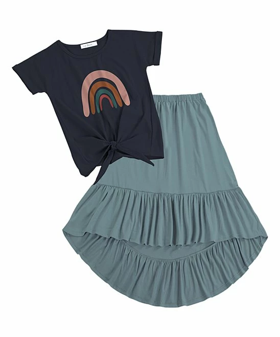 Best Pirce 😉 Trend Blossoms Dark Navy Rainbow Tie-Hem Tee & Dusty Blue Hi-Low 👗 Skirt - 👧 Girls 🌟 3 Best Pirce 😉 Trend Blossoms Dark Navy Rainbow Tie-Hem Tee & Dusty Blue Hi-Low 👗 Skirt - 👧 Girls 🌟