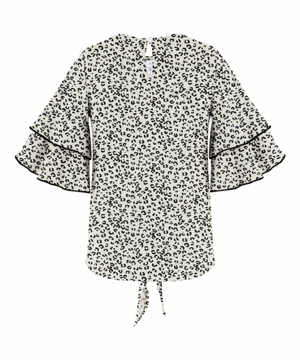Deals ๐ Trend Blossoms Cream & Black Leopard Ruffle-Sleeve Tie-Front Crewneck Top - ๐ง Girls ๐ 4 Deals ๐ Trend Blossoms Cream & Black Leopard Ruffle-Sleeve Tie-Front Crewneck Top - ๐ง Girls ๐ - Image 2