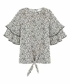 Deals 🎉 Trend Blossoms Cream & Black Leopard Ruffle-Sleeve Tie-Front Crewneck Top - 👧 Girls 🎉