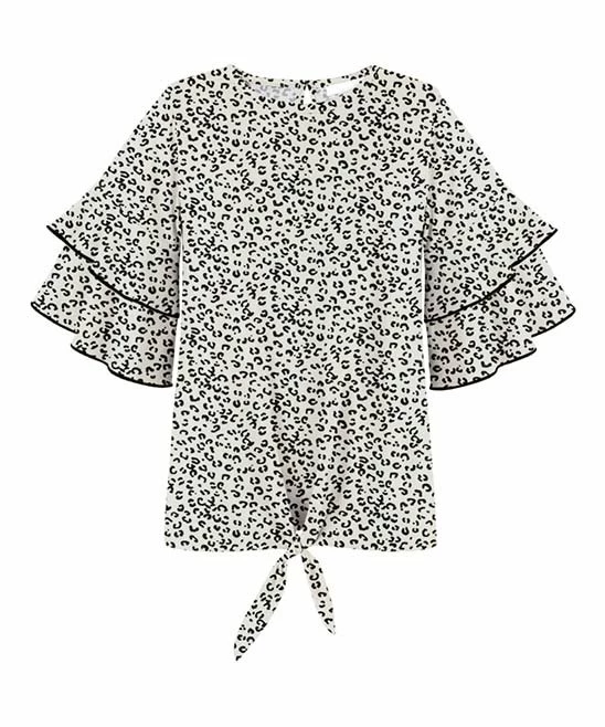 Deals ๐ Trend Blossoms Cream & Black Leopard Ruffle-Sleeve Tie-Front Crewneck Top - ๐ง Girls ๐ 3 Deals ๐ Trend Blossoms Cream & Black Leopard Ruffle-Sleeve Tie-Front Crewneck Top - ๐ง Girls ๐