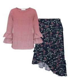 Discount 👍 Trend Blossoms Pink Velvet Tiered Long-Sleeve Top & Navy Floral Maxi 👗 Skirt - 👧 Girls 🤩